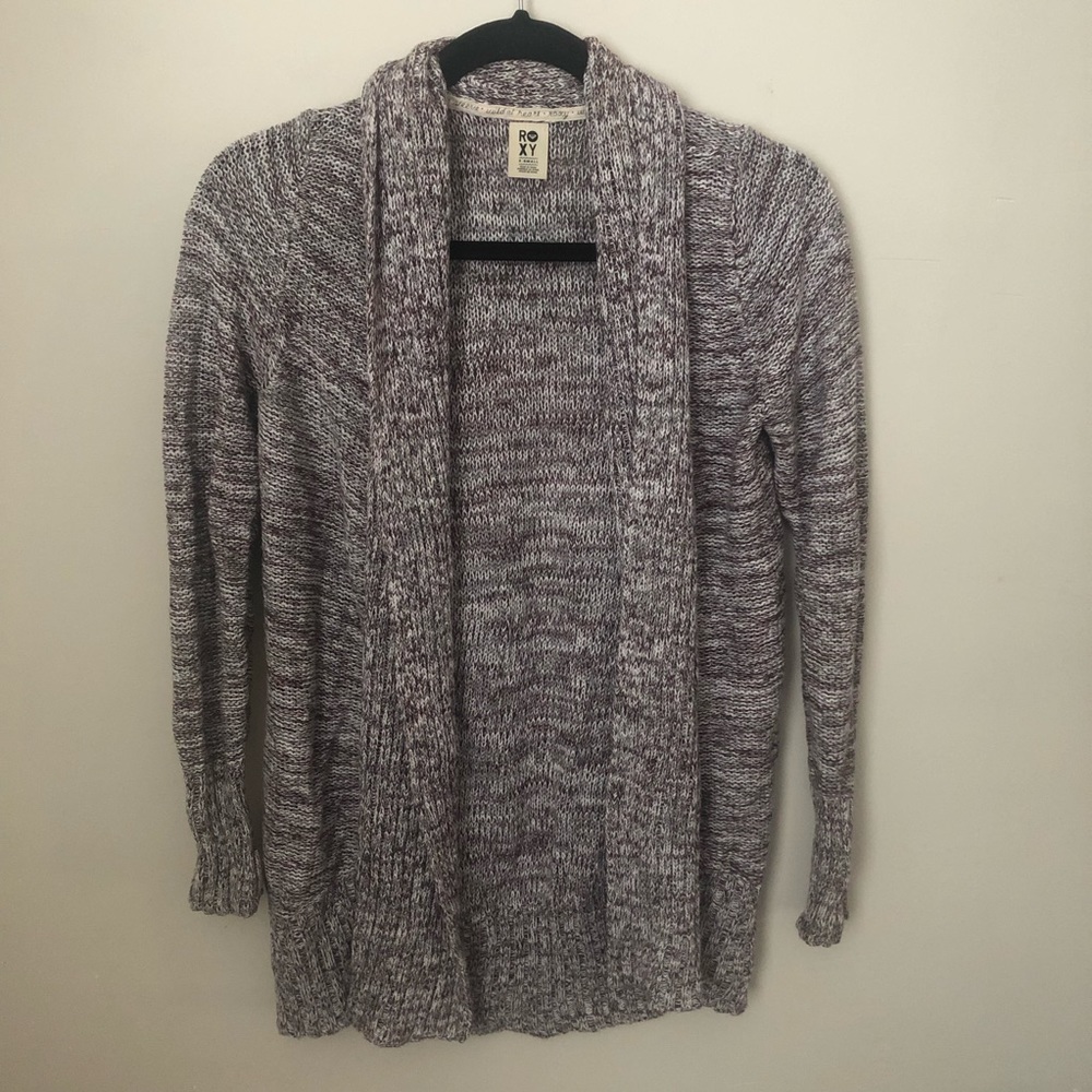 Burgundy and White Open-Front Knit Cardigan